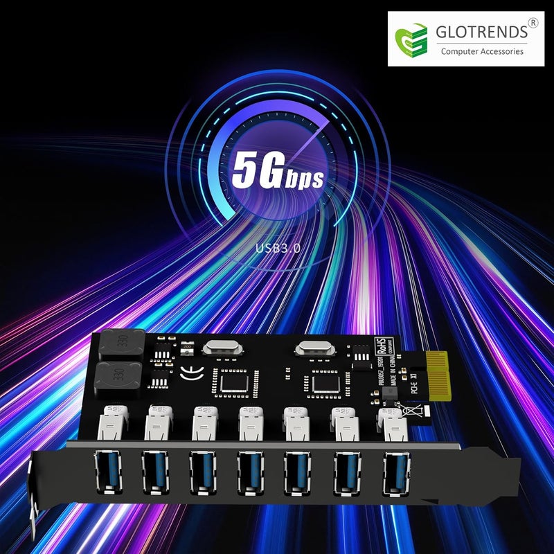 GLOTRENDS بطاقة توسيع PCIe 7-Port USB 3.0 Type-A 5Gb لمنصات Intel وAMD وARM، متوافقة مع Windows وLinux (لا تدعم Mac OS) - Image 5